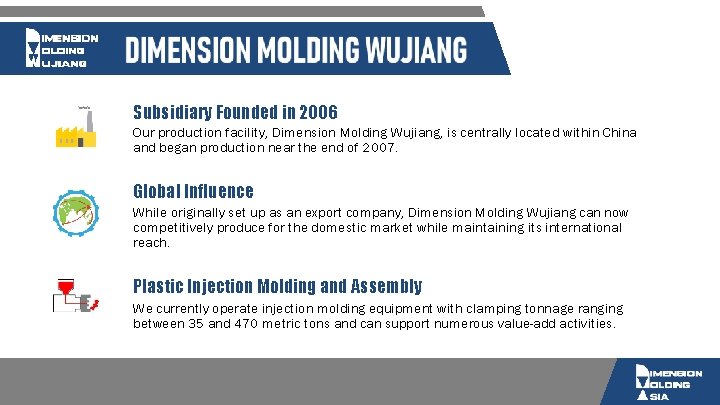 Subsidiary Founded in 2006 Our production facility, Dimension Molding Wujiang, is centrally located within