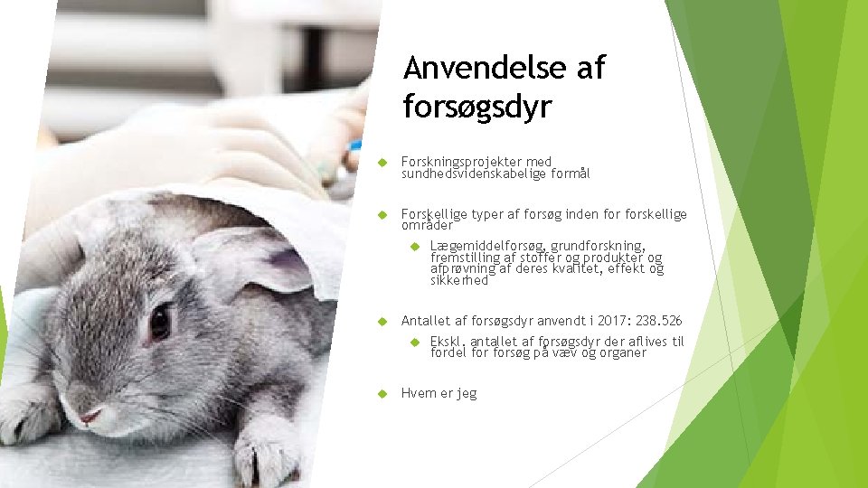 Anvendelse af forsøgsdyr Forskningsprojekter med sundhedsvidenskabelige formål Forskellige typer af forsøg inden forskellige områder