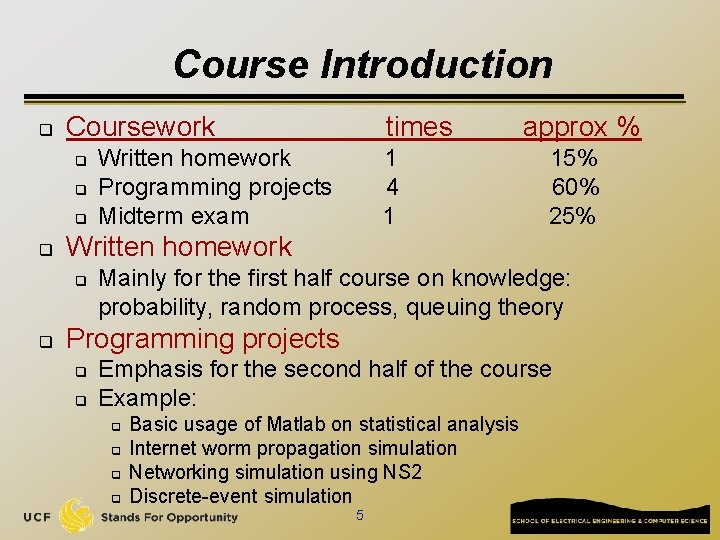 Course Introduction q Coursework q q Written homework Programming projects Midterm exam 1 4