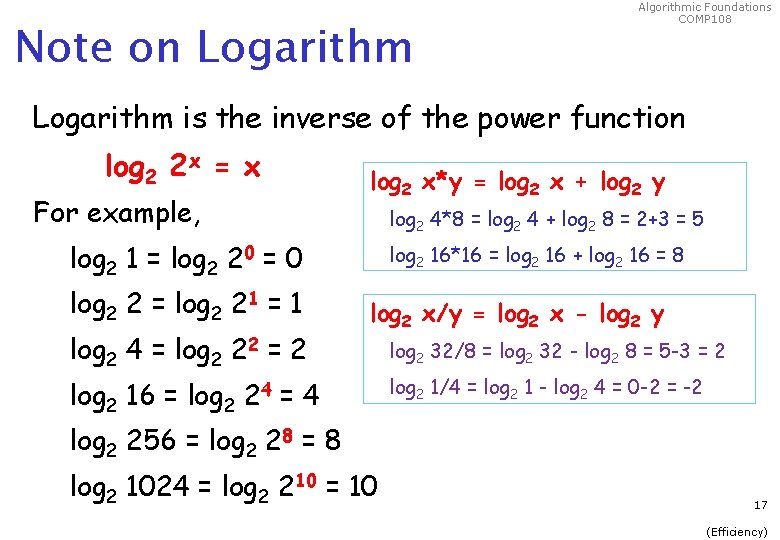 Note on Logarithm Algorithmic Foundations COMP 108 Logarithm is the inverse of the power