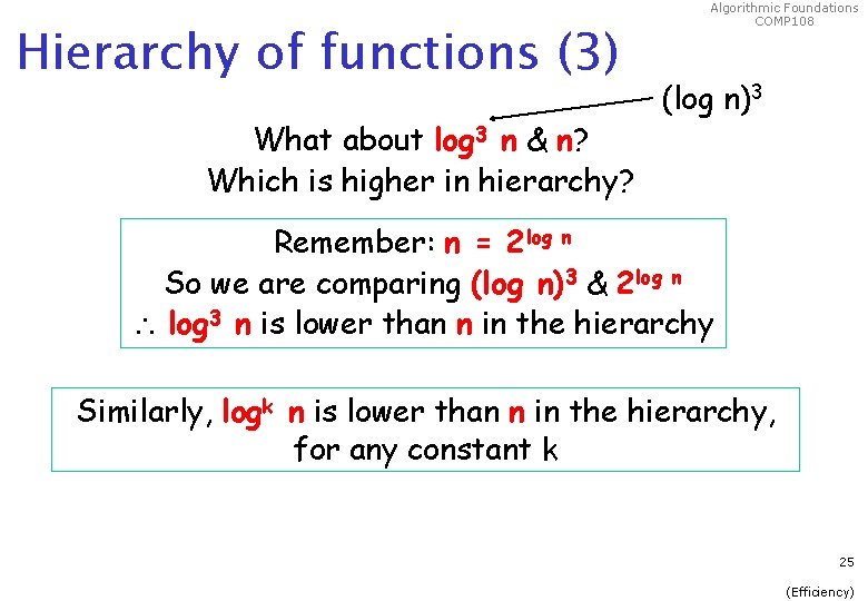 Hierarchy of functions (3) What about log 3 n & n? Which is higher