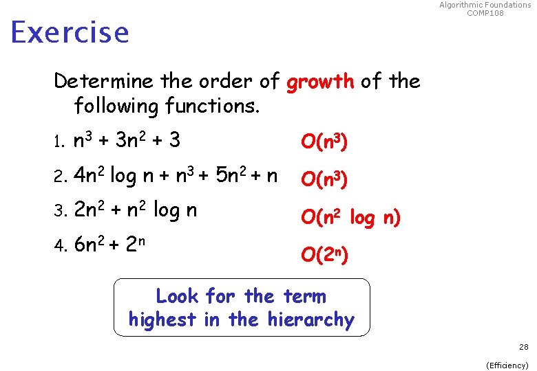 Algorithmic Foundations COMP 108 Exercise Determine the order of growth of the following functions.