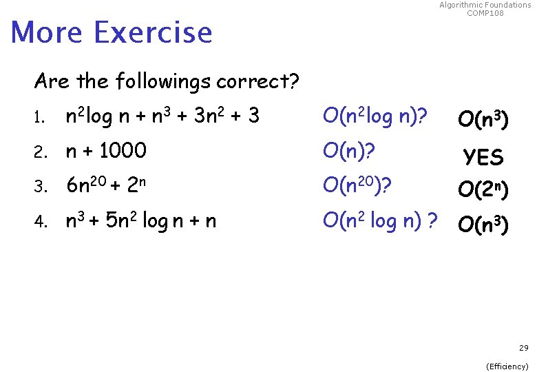 Algorithmic Foundations COMP 108 More Exercise Are the followings correct? 1. n 2 log