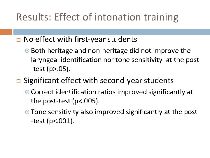 Results: Effect of intonation training No effect with first-year students Both heritage and non-heritage