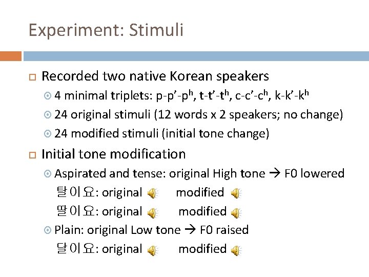 Experiment: Stimuli Recorded two native Korean speakers 4 minimal triplets: p-p’-ph, t-t’-th, c-c’-ch, k-k’-kh