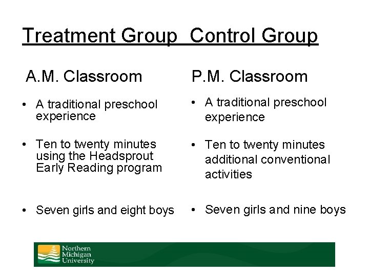 Treatment Group Control Group A. M. Classroom P. M. Classroom • A traditional preschool