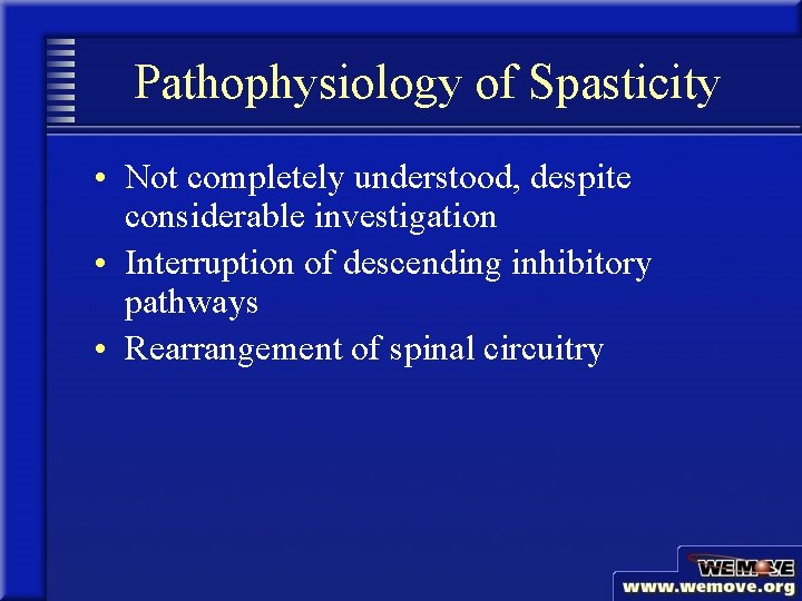 Pathophysiology of Spasticity • Not completely understood, despite considerable investigation • Interruption of descending