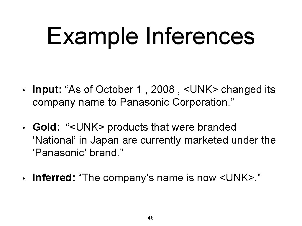 Example Inferences • Input: “As of October 1 , 2008 , <UNK> changed its