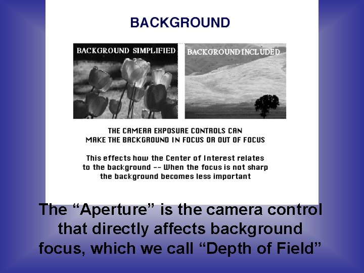 The “Aperture” is the camera control that directly affects background focus, which we call