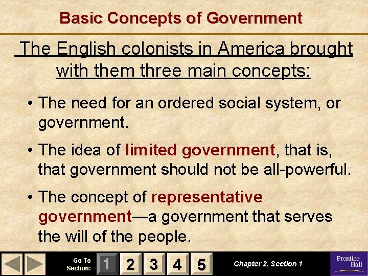 Basic Concepts of Government The English colonists in America brought with them three main