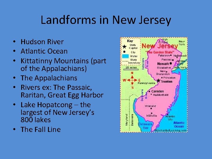 Landforms in New Jersey • Hudson River • Atlantic Ocean • Kittatinny Mountains (part