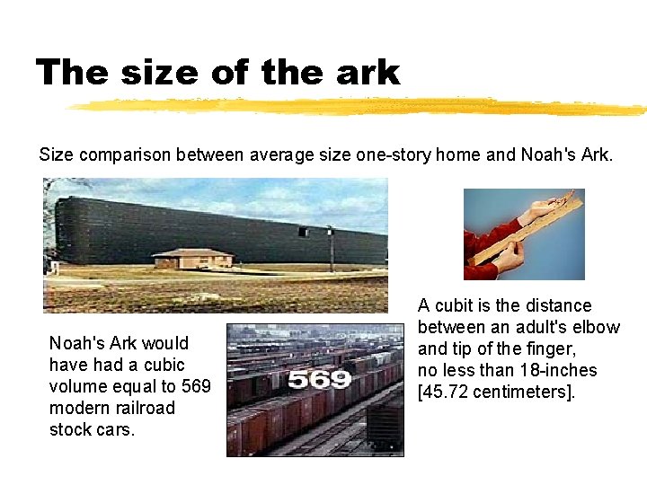 The size of the ark Size comparison between average size one-story home and Noah's