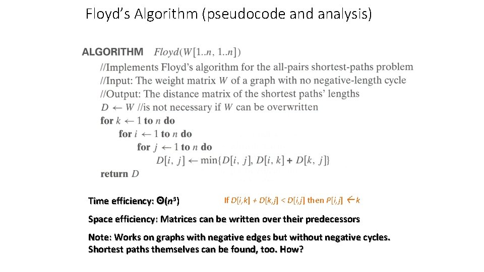 Floyd’s Algorithm (pseudocode and analysis) Time efficiency: Θ(n 3) If D[i, k] + D[k,