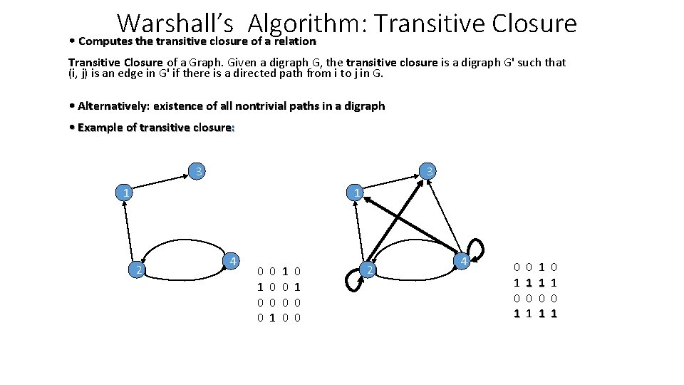 Warshall’s Algorithm: Transitive Closure • Computes the transitive closure of a relation Transitive Closure