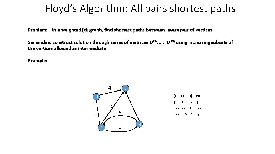 Floyd’s Algorithm: All pairs shortest paths Problem: In a weighted (di)graph, find shortest paths