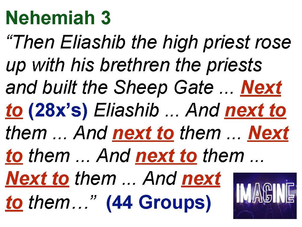 Nehemiah 3 “Then Eliashib the high priest rose up with his brethren the priests