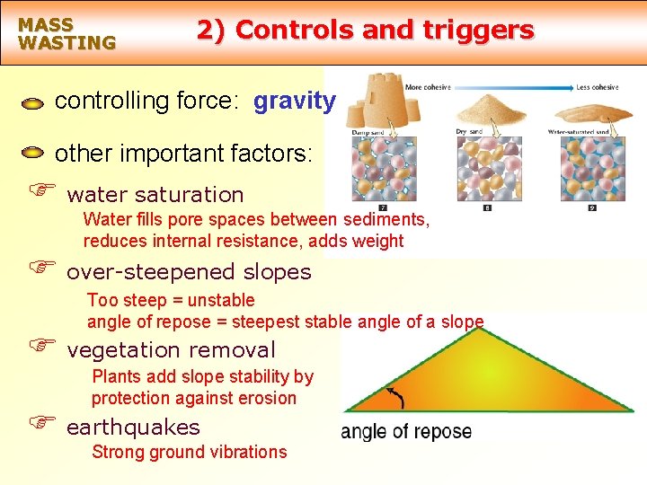 MASS WASTING 2) Controls and triggers controlling force: gravity other important factors: F water