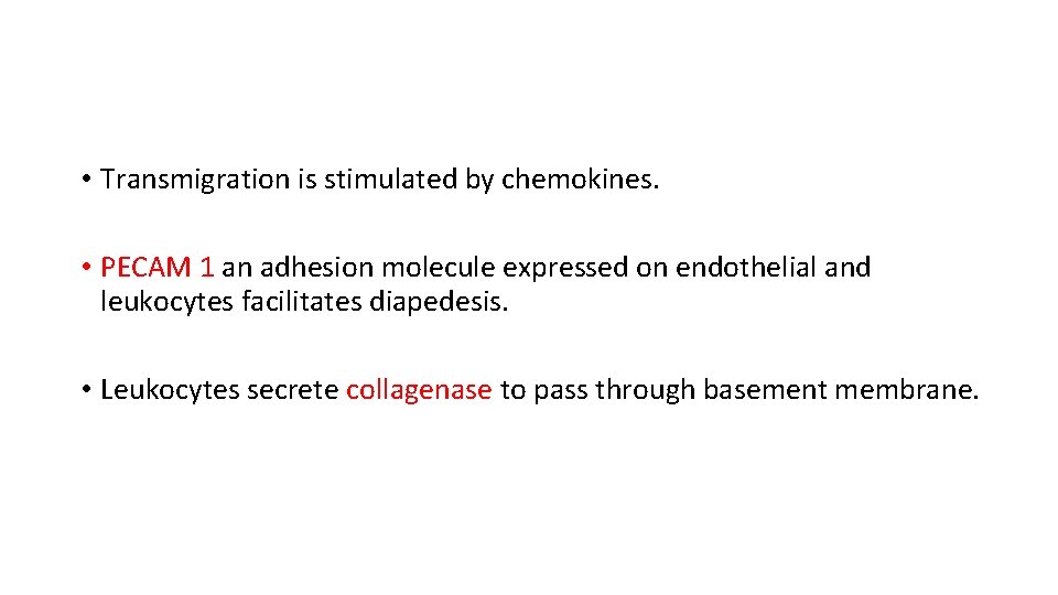  • Transmigration is stimulated by chemokines. • PECAM 1 an adhesion molecule expressed