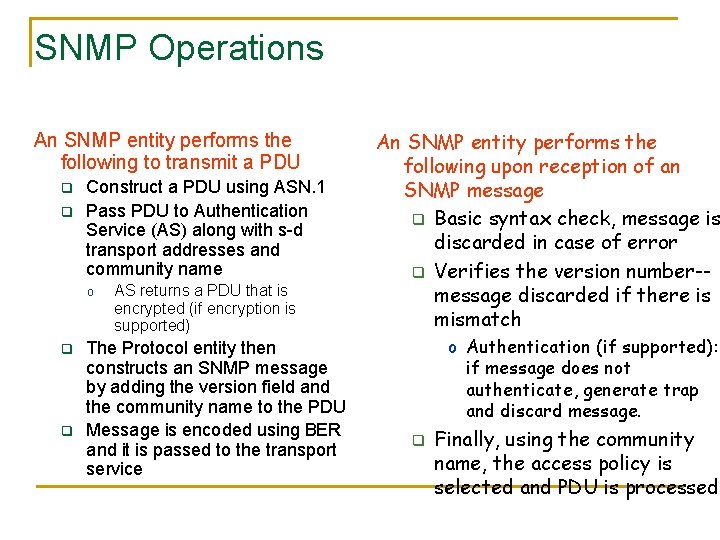 SNMP Operations An SNMP entity performs the following to transmit a PDU q q