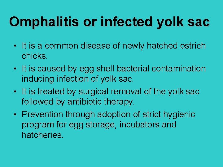 Omphalitis or infected yolk sac • It is a common disease of newly hatched