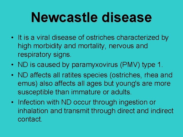 Newcastle disease • It is a viral disease of ostriches characterized by high morbidity