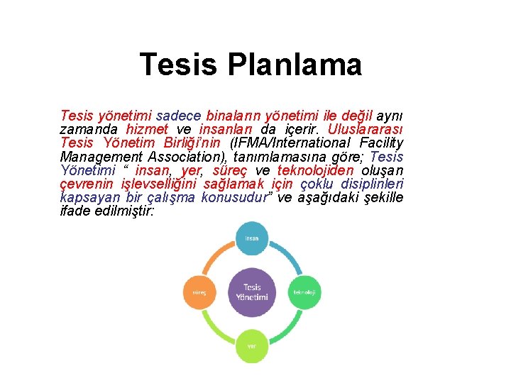 Tesis Planlama Tesis yönetimi sadece binaların yönetimi ile değil aynı zamanda hizmet ve insanları