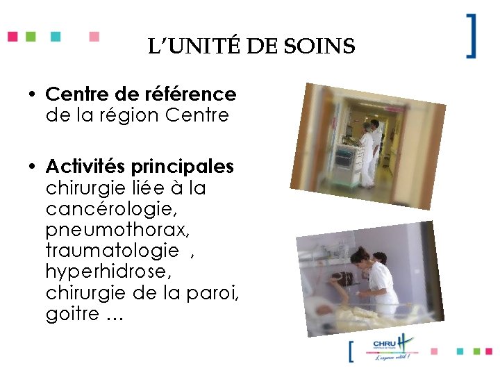 L’UNITÉ DE SOINS • Centre de référence de la région Centre • Activités principales