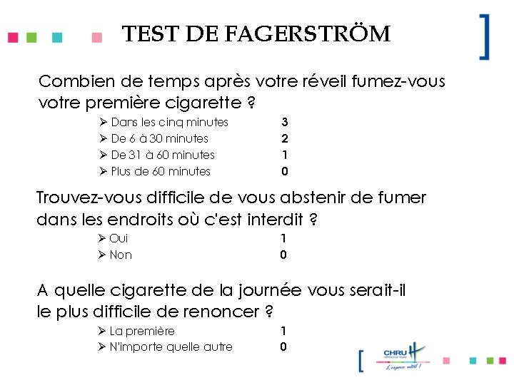 TEST DE FAGERSTRÖM Combien de temps après votre réveil fumez-vous votre première cigarette ?