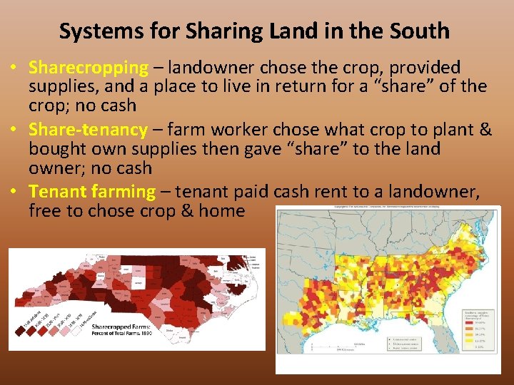 Systems for Sharing Land in the South • Sharecropping – landowner chose the crop,