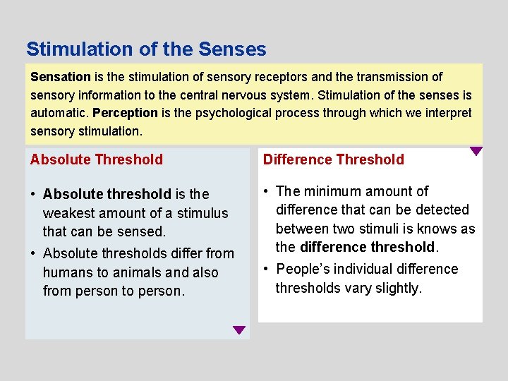 Stimulation of the Senses Sensation is the stimulation of sensory receptors and the transmission