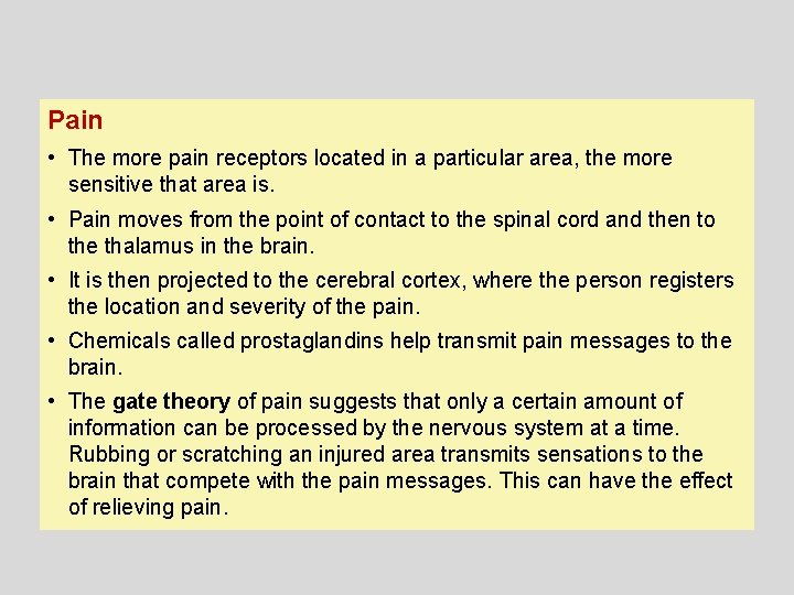 Pain • The more pain receptors located in a particular area, the more sensitive