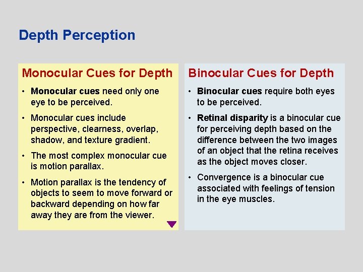 Depth Perception Monocular Cues for Depth Binocular Cues for Depth • Monocular cues need