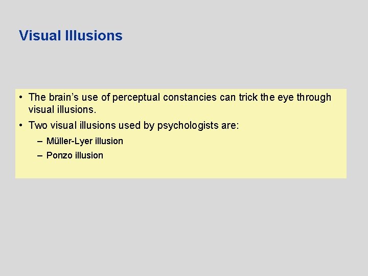 Visual Illusions • The brain’s use of perceptual constancies can trick the eye through