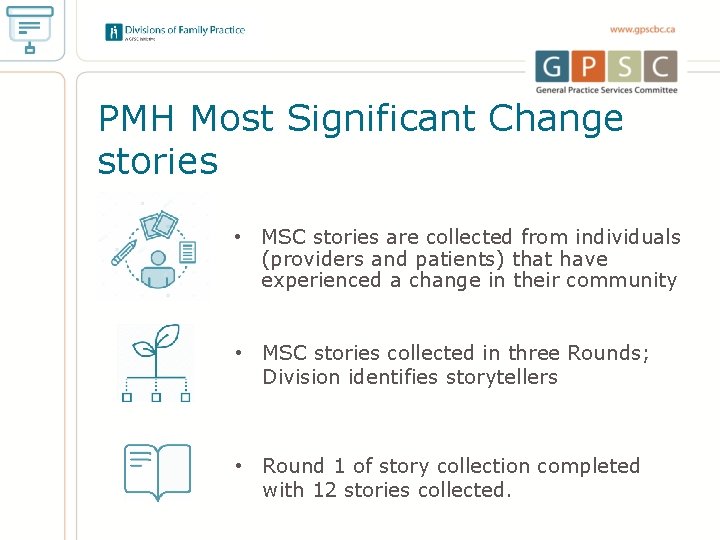 PMH Most Significant Change stories • MSC stories are collected from individuals (providers and