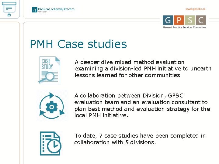 PMH Case studies A deeper dive mixed method evaluation examining a division-led PMH initiative