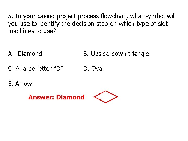 5. In your casino project process flowchart, what symbol will you use to identify 5. In your casino project process flowchart, what symbol will you use to identify
