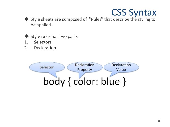 CSS Syntax Style sheets are composed of "Rules" that describe the styling to be