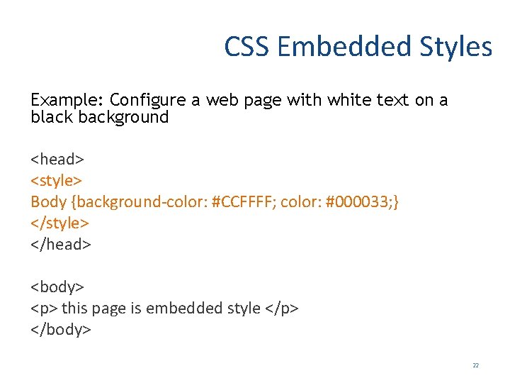 CSS Embedded Styles Example: Configure a web page with white text on a black