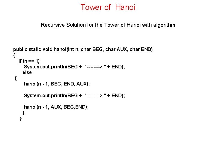 Tower of Hanoi Recursive Solution for the Tower of Hanoi with algorithm public static