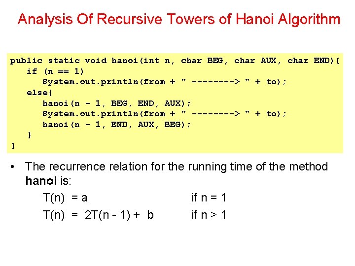 Analysis Of Recursive Towers of Hanoi Algorithm public static void hanoi(int n, char BEG,