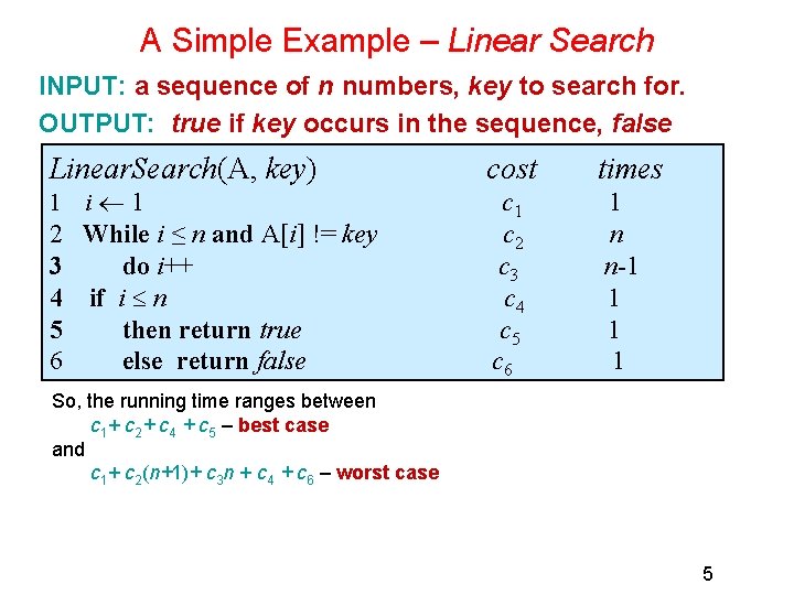 A Simple Example – Linear Search INPUT: a sequence of n numbers, key to