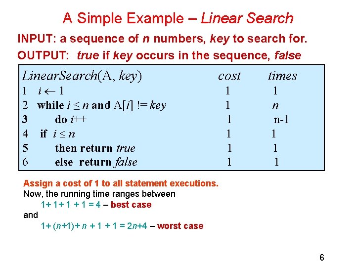 A Simple Example – Linear Search INPUT: a sequence of n numbers, key to