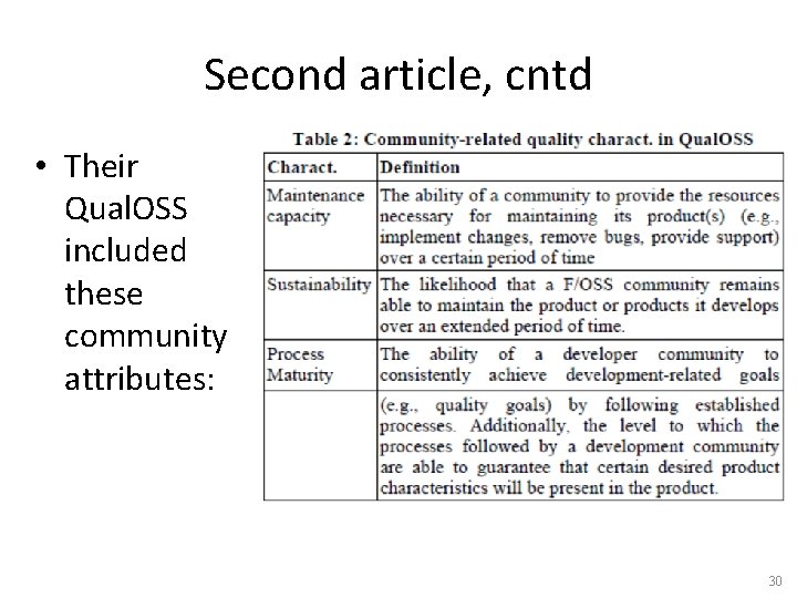 Second article, cntd • Their Qual. OSS included these community attributes: 30 