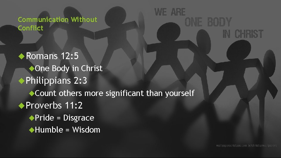 Communication Without Conflict Romans One 12: 5 Body in Christ Philippians Count others more