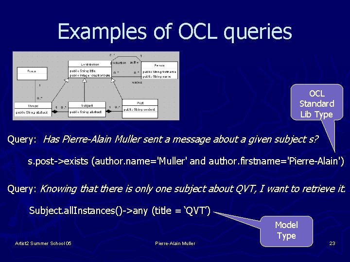 Examples of OCL queries OCL Standard Lib Type Query: Has Pierre-Alain Muller sent a