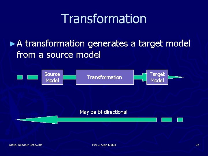 Transformation ►A transformation generates a target model from a source model Source Model Transformation