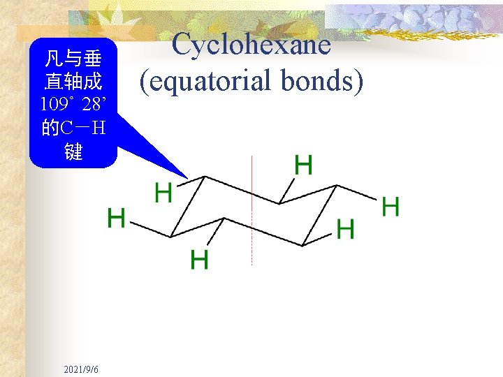 凡与垂 直轴成 。 109 28’ 的C－H 键 2021/9/6 Cyclohexane (equatorial bonds) 