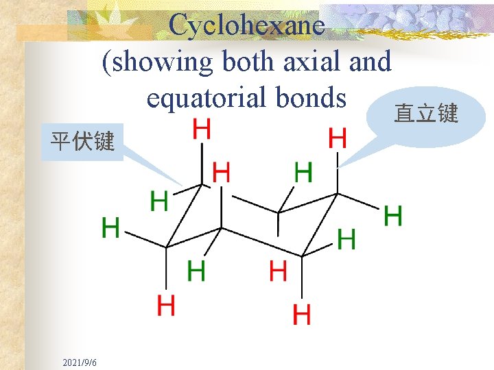 Cyclohexane (showing both axial and equatorial bonds 直立键 平伏键 2021/9/6 