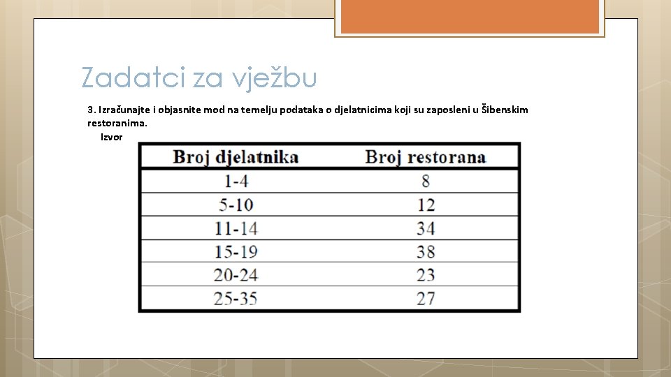 Zadatci za vježbu 3. Izračunajte i objasnite mod na temelju podataka o djelatnicima koji