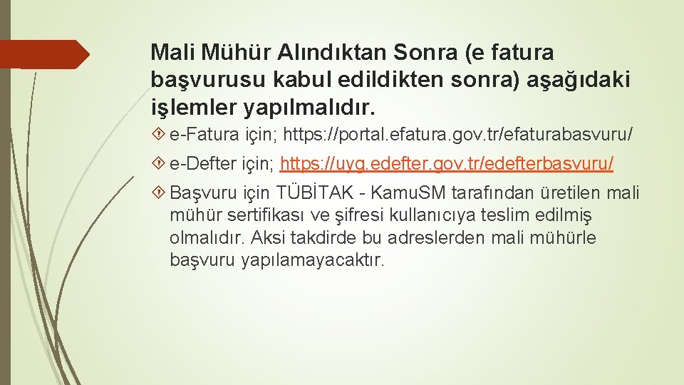 Mali Mühür Alındıktan Sonra (e fatura başvurusu kabul edildikten sonra) aşağıdaki işlemler yapılmalıdır. e-Fatura